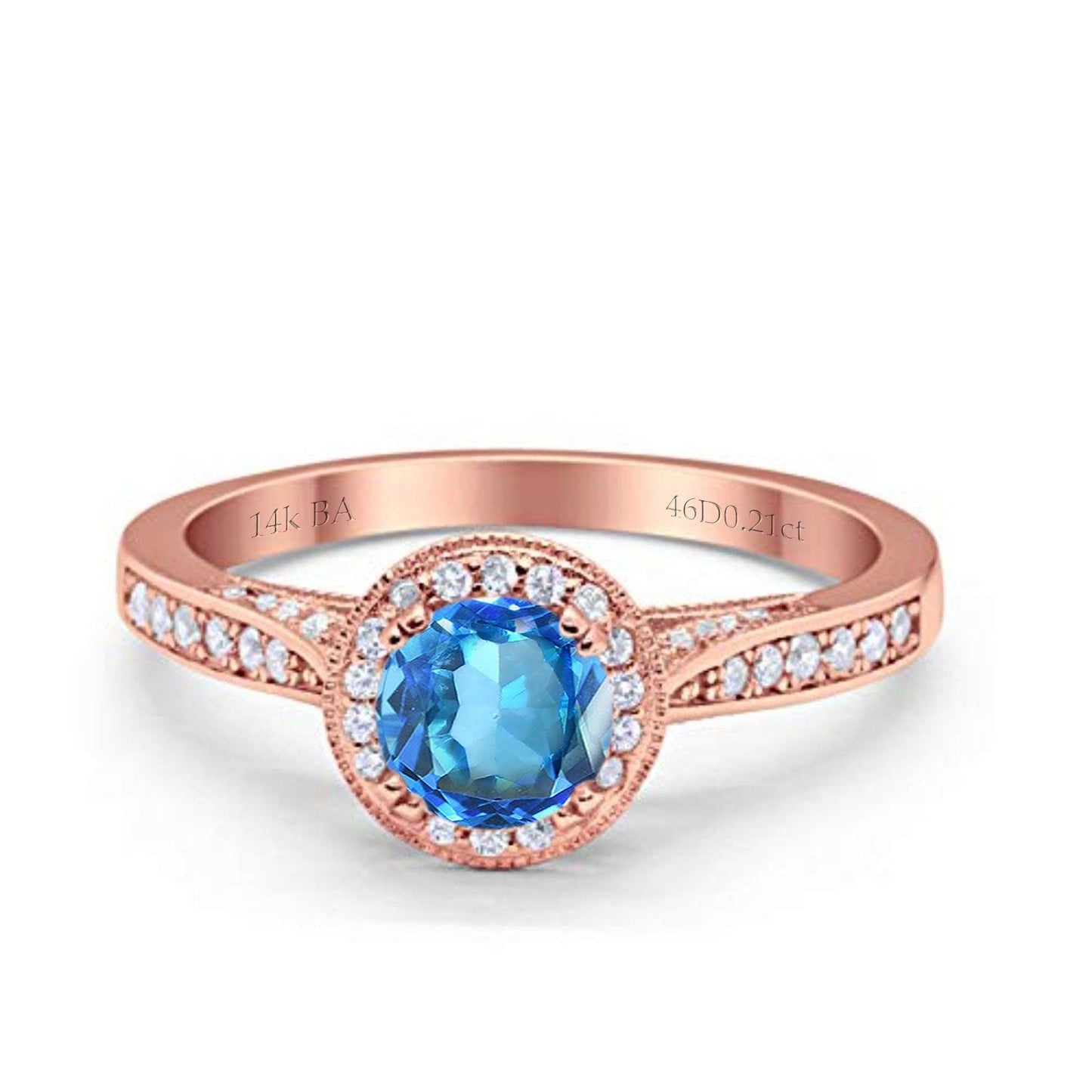 14K Rose Gold 0.67ct Round Halo 6.5mm G SI Natural Blue Topaz Diamond Engagement Wedding Ring Size 6.5