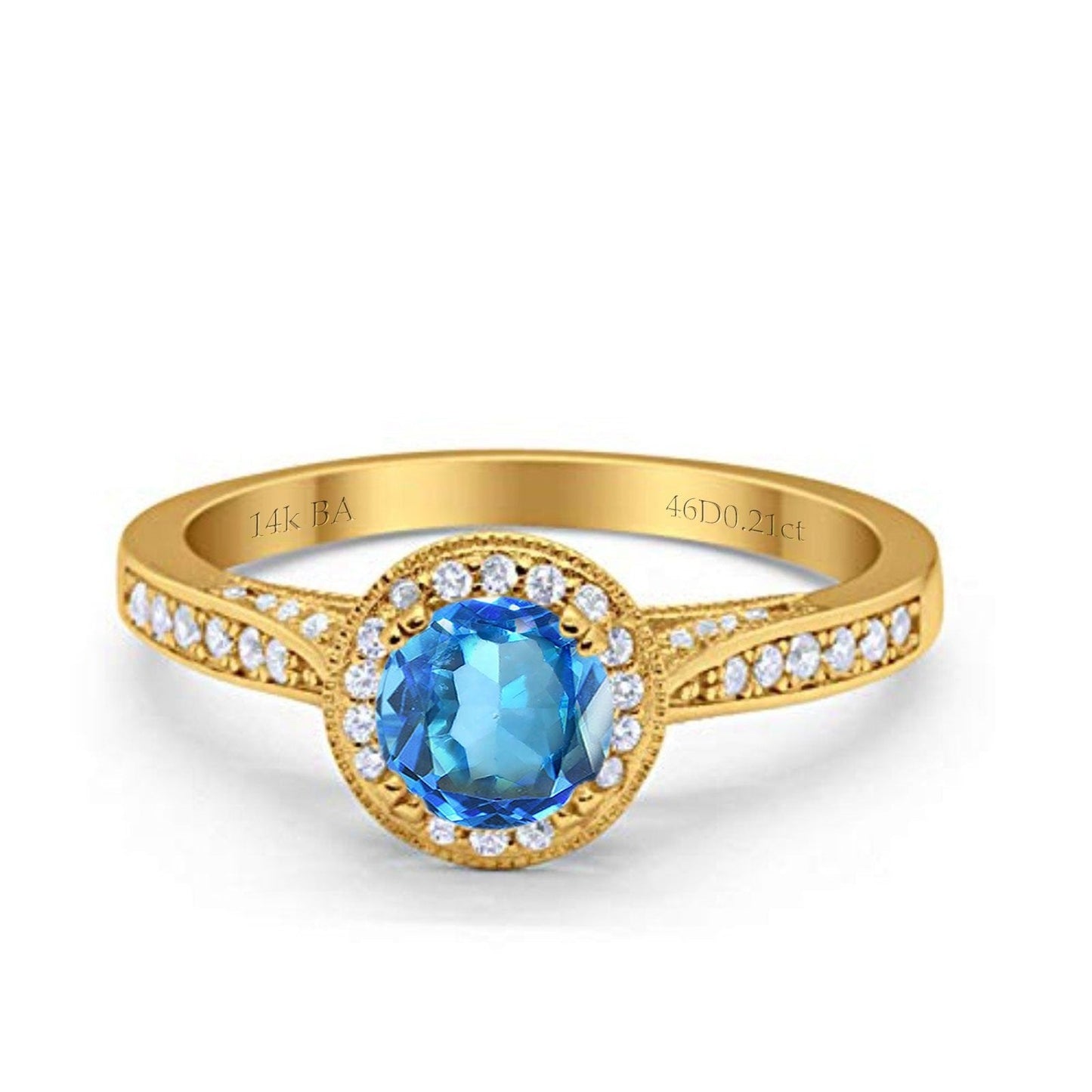 14K Yellow Gold 0.67ct Round Halo 6.5mm G SI Natural Blue Topaz Diamond Engagement Wedding Ring Size 6.5