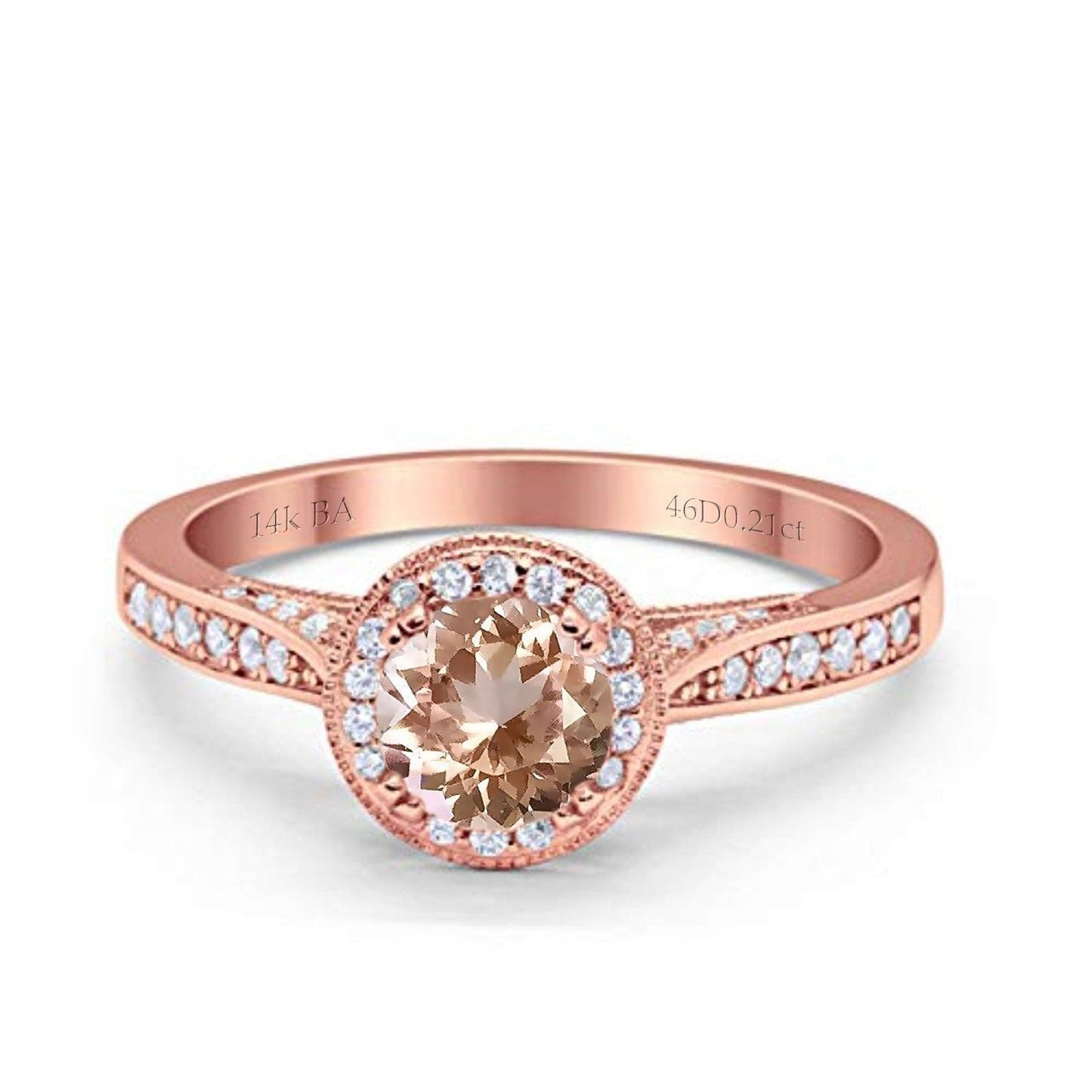 14K Rose Gold 0.67ct Round Halo 6.5mm G SI Natural Morganite Diamond Engagement Wedding Ring Size 6.5