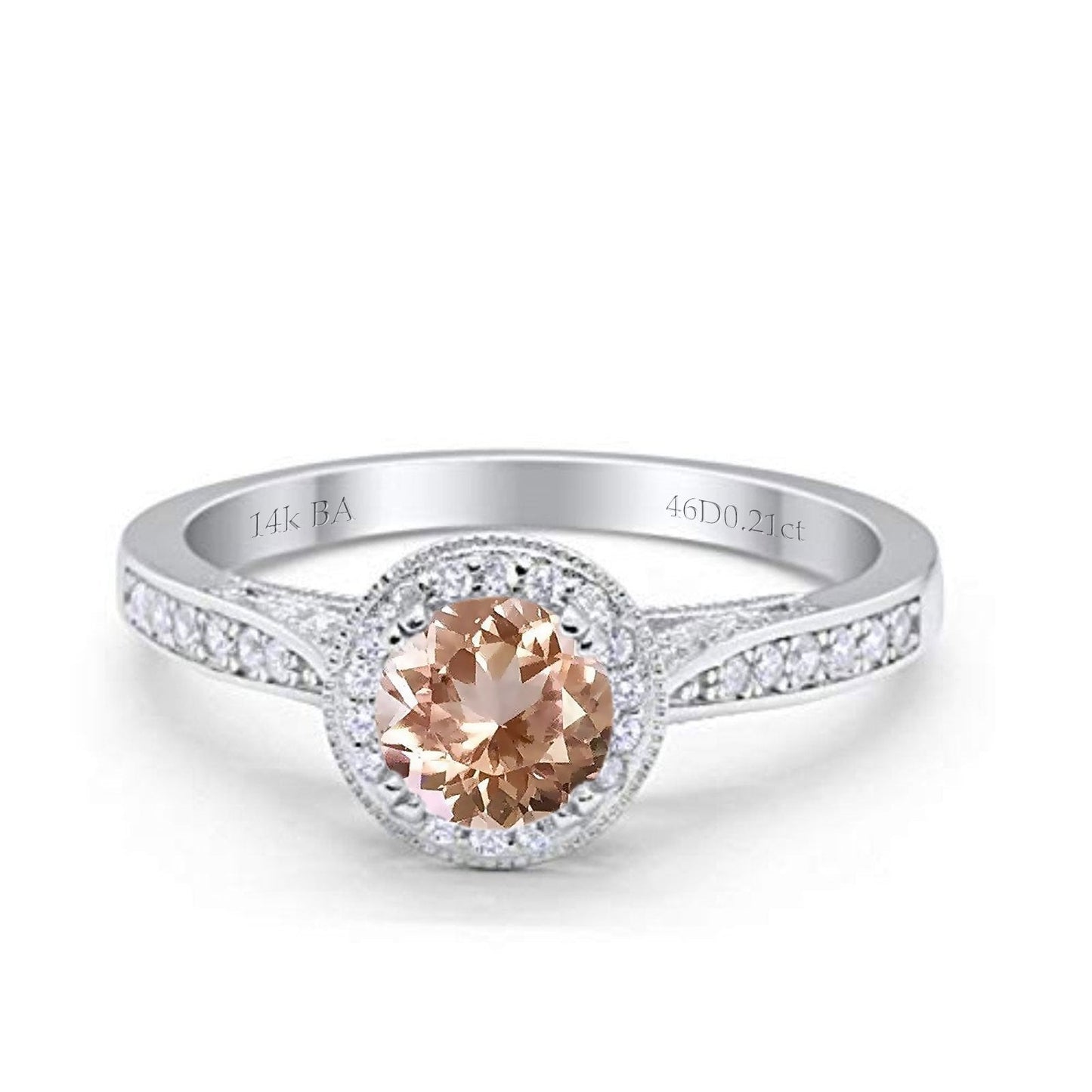 14K White Gold 0.67ct Round Halo 6.5mm G SI Natural Morganite Diamond Engagement Wedding Ring Size 6.5