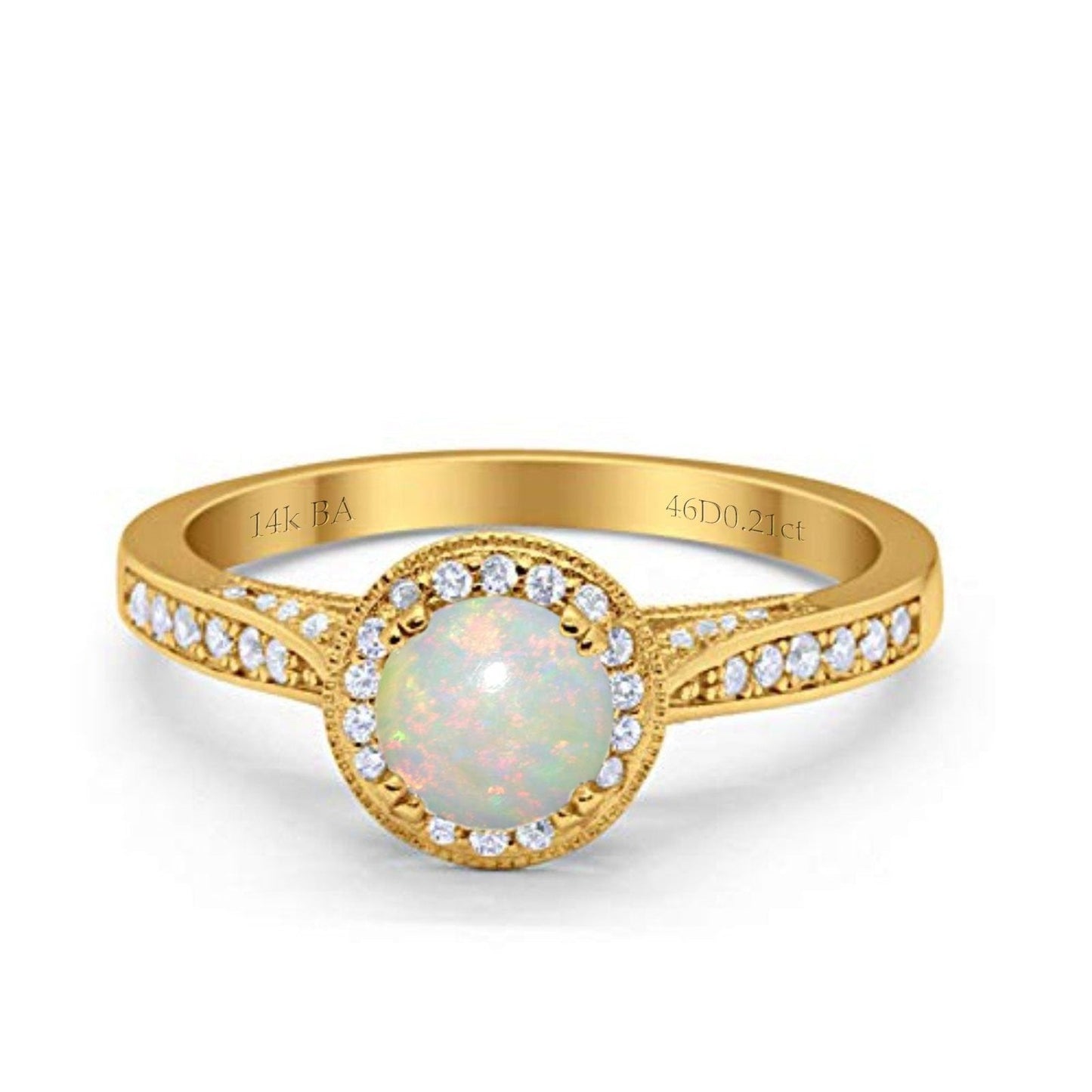 14K Yellow Gold 0.21ct Round Halo 6.5mm G SI Natural White Opal Diamond Engagement Wedding Ring Size 6.5