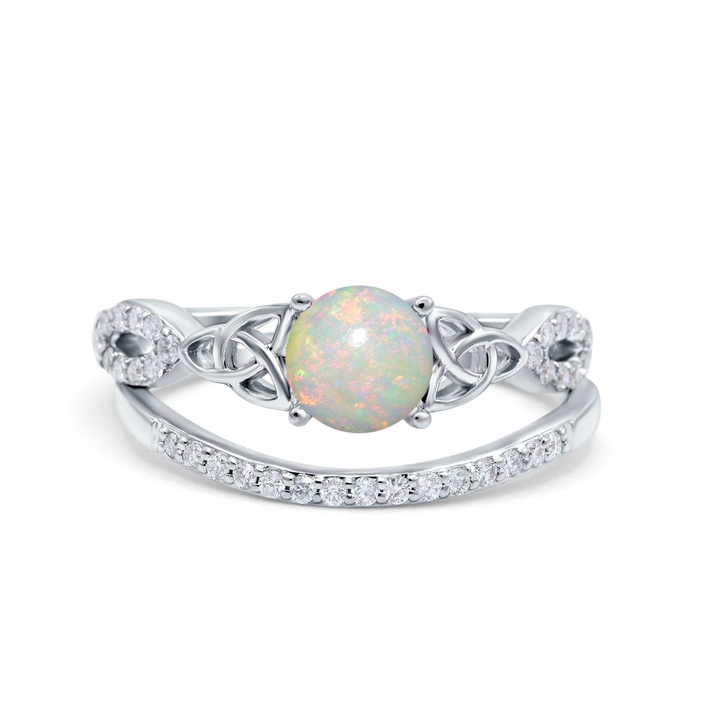 14K White Gold 0.21ct Round 6mm G SI Natural White Opal Diamond Engagement Bridal Wedding Ring Size 6.5