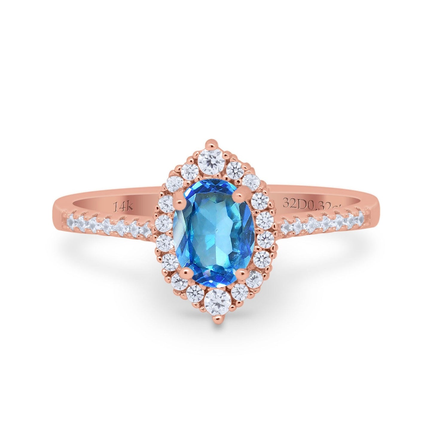 14K Rose Gold 1.53ct Oval Natural Blue Topaz G SI Diamond Engagement Ring Size 6.5