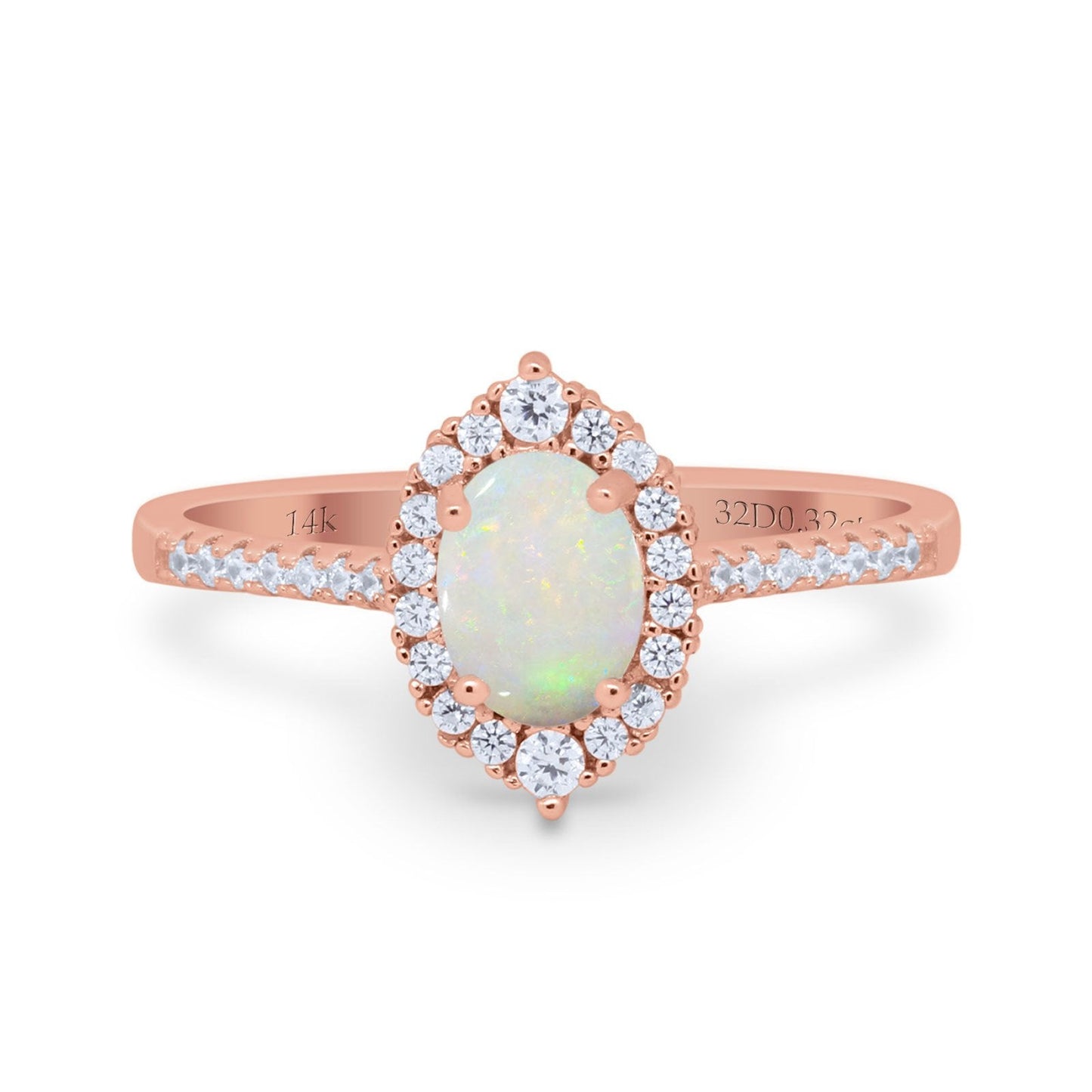 14K Rose Gold 0.32ct Oval Natural White Opal G SI Diamond Engagement Ring Size 6.5