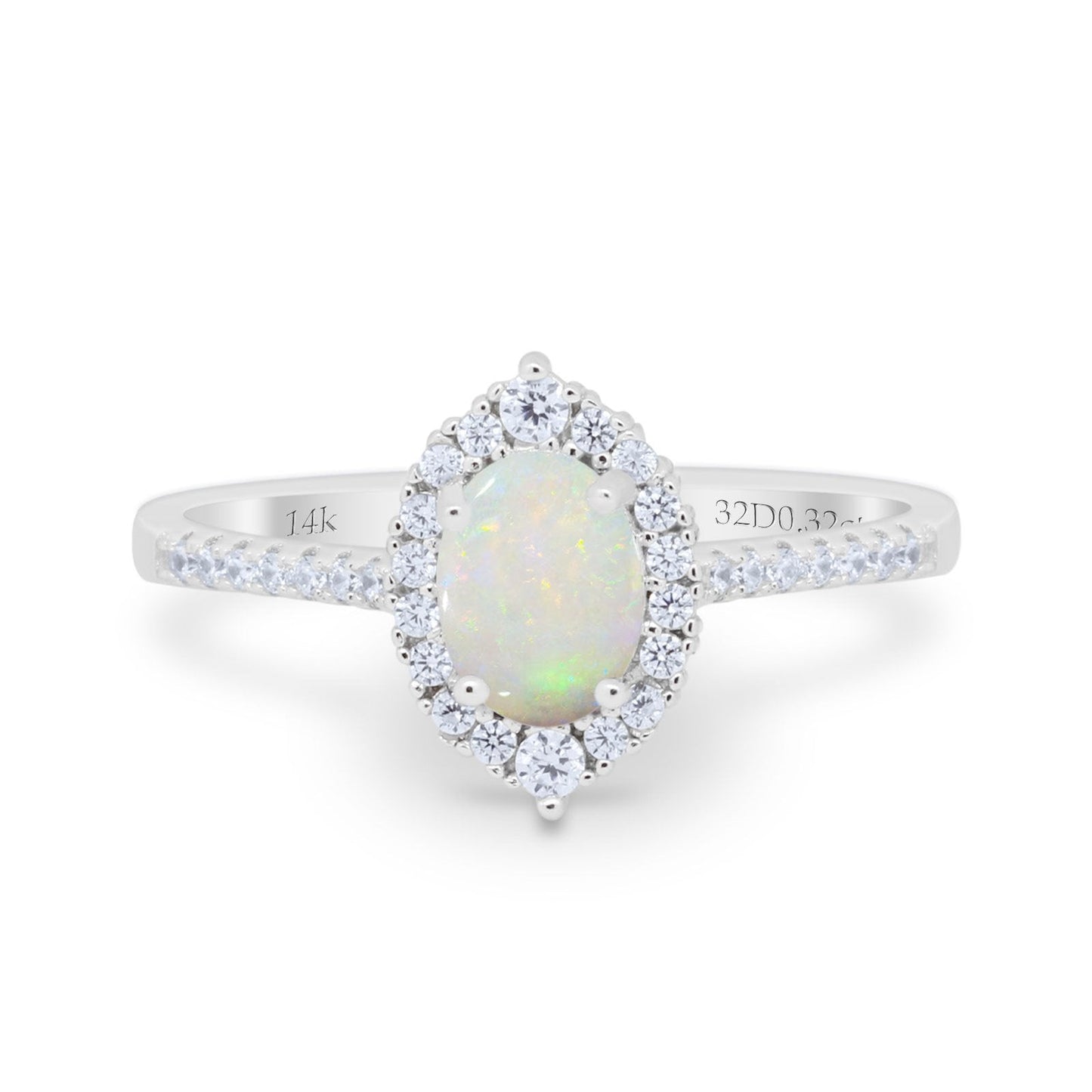 14K White Gold 0.32ct Oval Natural White Opal G SI Diamond Engagement Ring Size 6.5