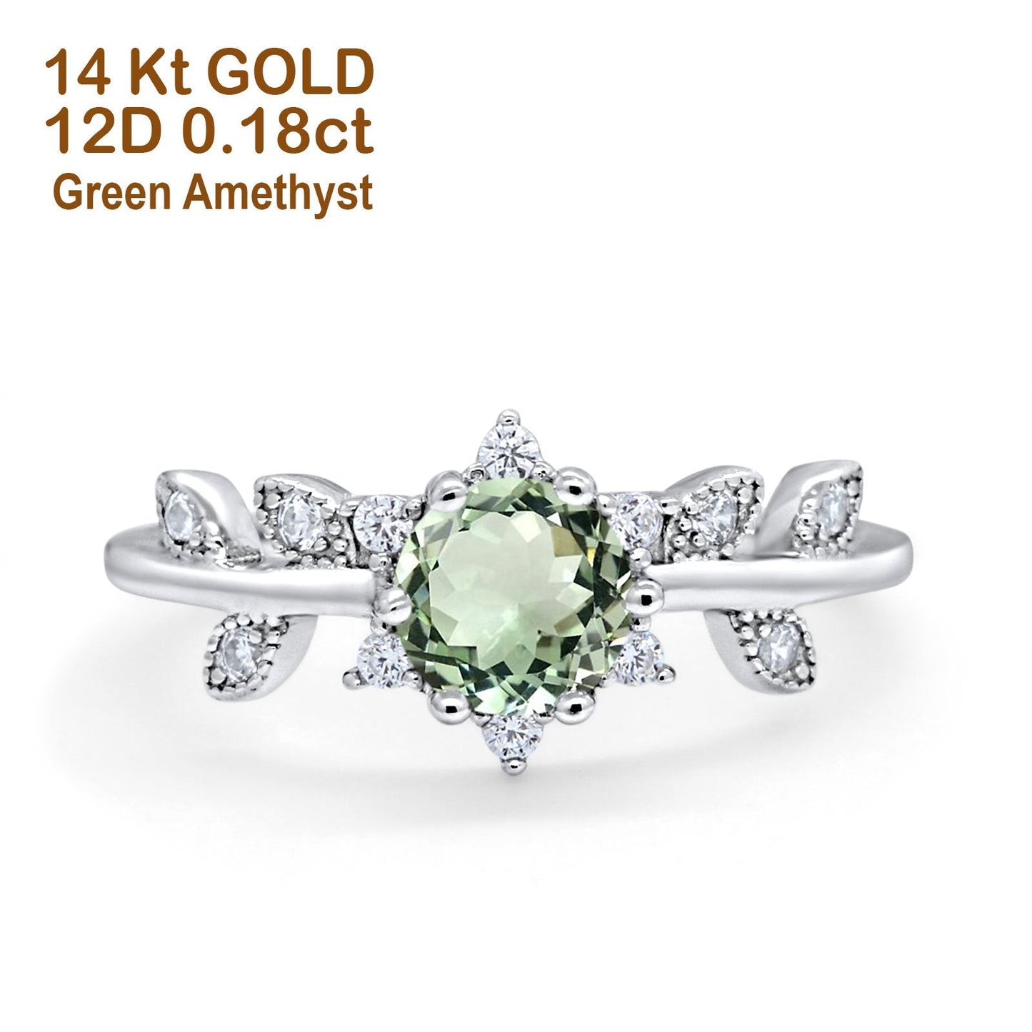 14K White Gold Round Natural Green Amethyst G SI 1.02ct Diamond Engagement Ring Size 6.5