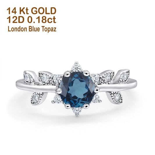 14K White Gold Round London Blue Topaz G SI 1.02ct Diamond Engagement Ring Size 6.5