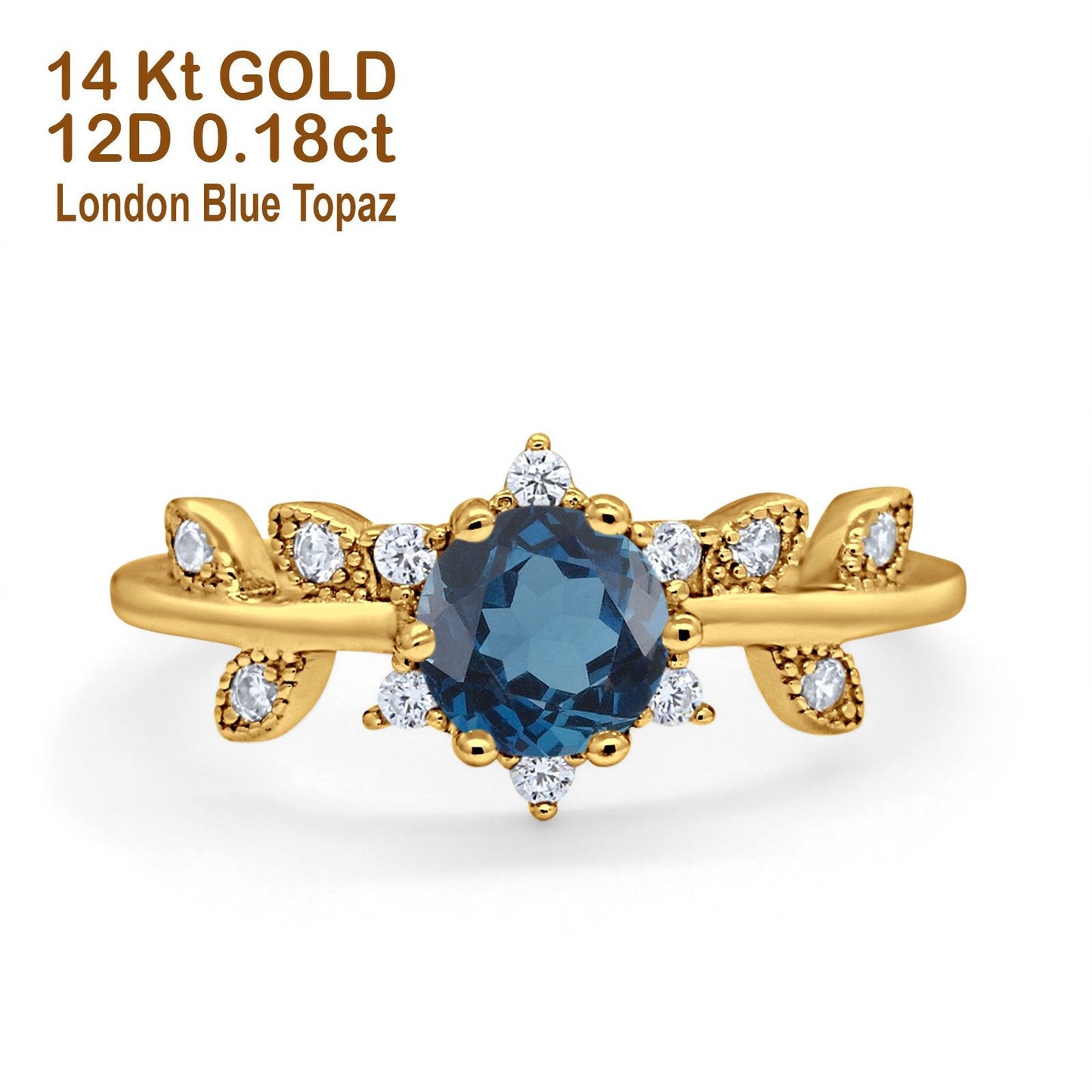 Bague de fiançailles en or jaune 14 carats avec topaze bleue de Londres ronde G SI 1,02 ct et diamant taille 6,5