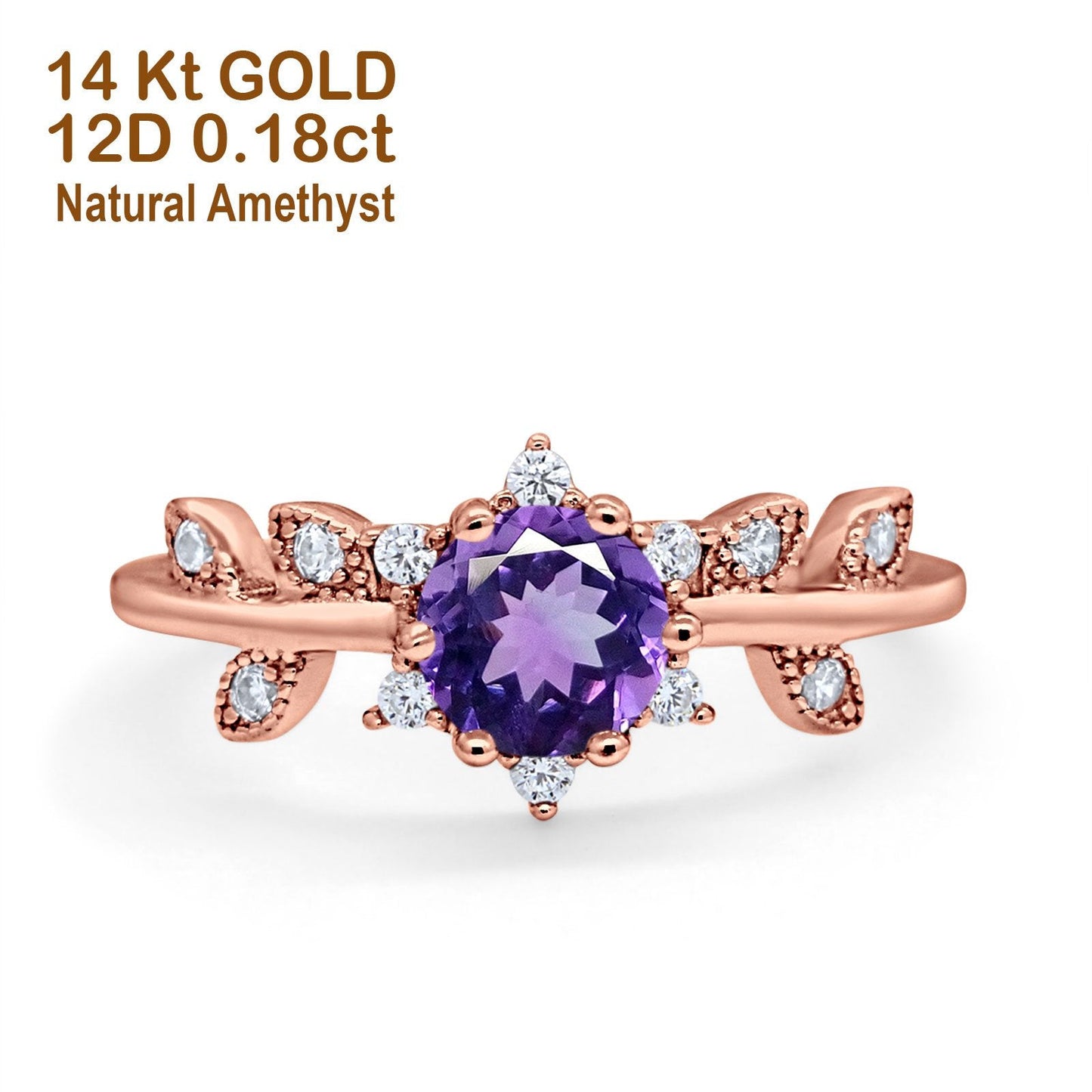 14K Rose Gold Round Natural Amethyst G SI 1.02ct Diamond Engagement Ring Size 6.5