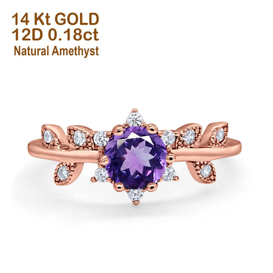 14K Rose Gold Round Natural Amethyst G SI 1.02ct Diamond Engagement Ring Size 6.5