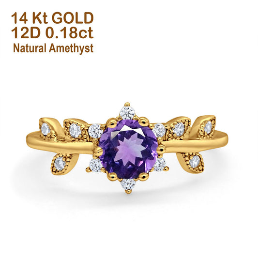 14K Yellow Gold Round Natural Amethyst G SI 1.02ct Diamond Engagement Ring Size 6.5