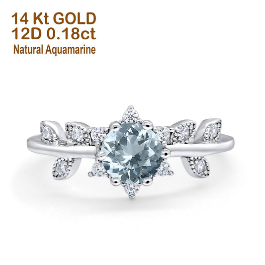 14K White Gold Round Natural Aquamarine G SI 1.02ct Diamond Engagement Ring Size 6.5