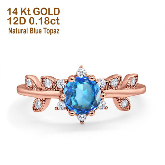 14K Rose Gold Round Natural Blue Topaz G SI 1.02ct Diamond Engagement Ring Size 6.5