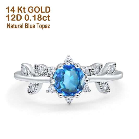 14K White Gold Round Natural Blue Topaz G SI 1.02ct Diamond Engagement Ring Size 6.5