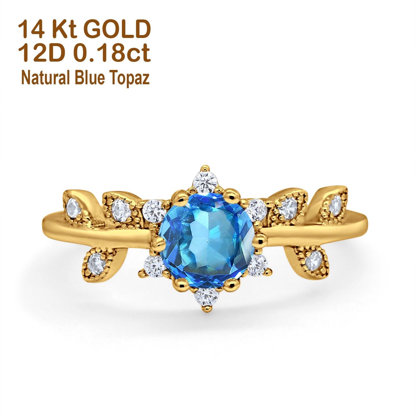 Bague de fiançailles en or jaune 14 carats avec topaze bleue naturelle ronde G SI 1,02 ct et diamant taille 6,5