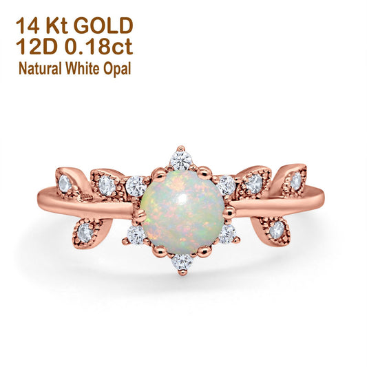 14K Rose Gold Round Natural White Opal G SI 0.18ct Diamond Engagement Ring Size 6.5