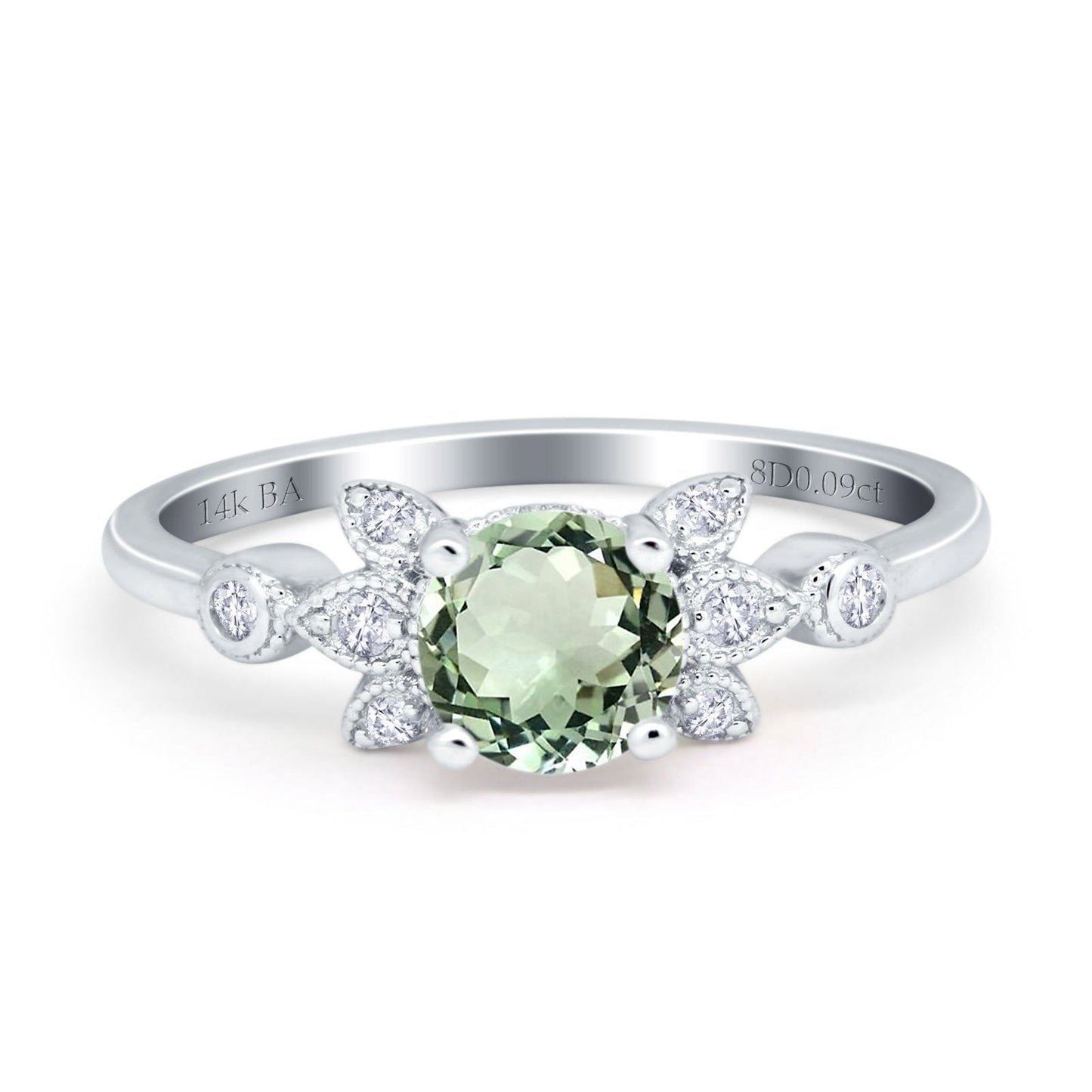 Bague de fiançailles en or blanc 14 carats avec diamant rond de 7 mm et améthyste verte naturelle G SI de 1,37 ct, taille 6,5