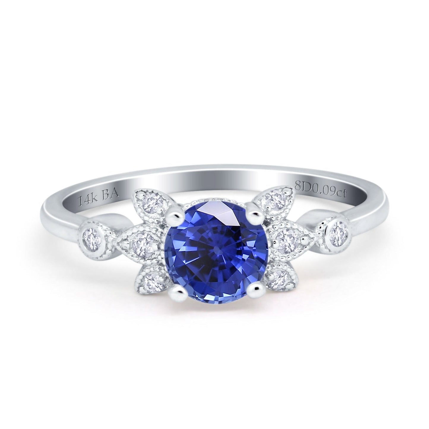 Bague de fiançailles en or blanc 14 carats avec diamant rond de 7 mm G SI Nano bleu saphir 1,37 ct, taille 6,5