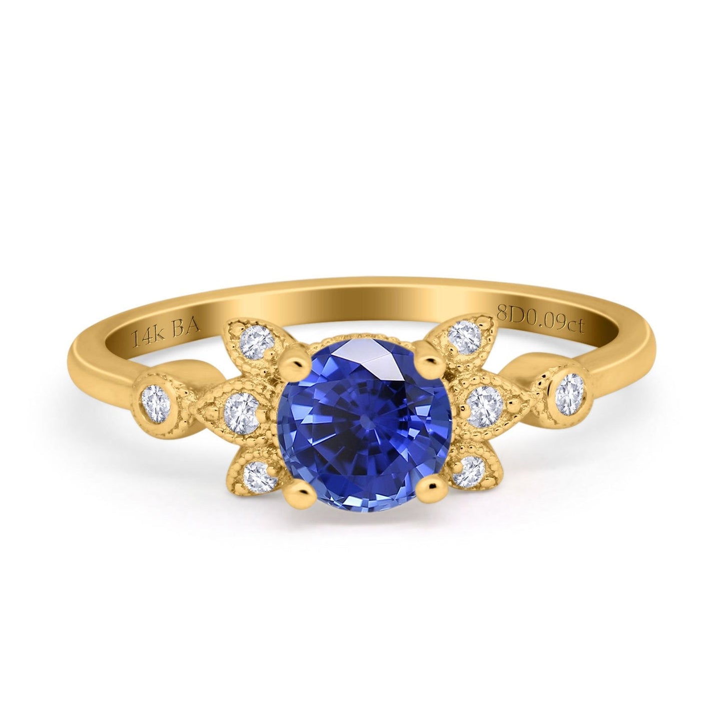 14K Yellow Gold 1.37ct Round 7mm G SI Nano Blue Sapphire Diamond Engagement Wedding Ring Size 6.5