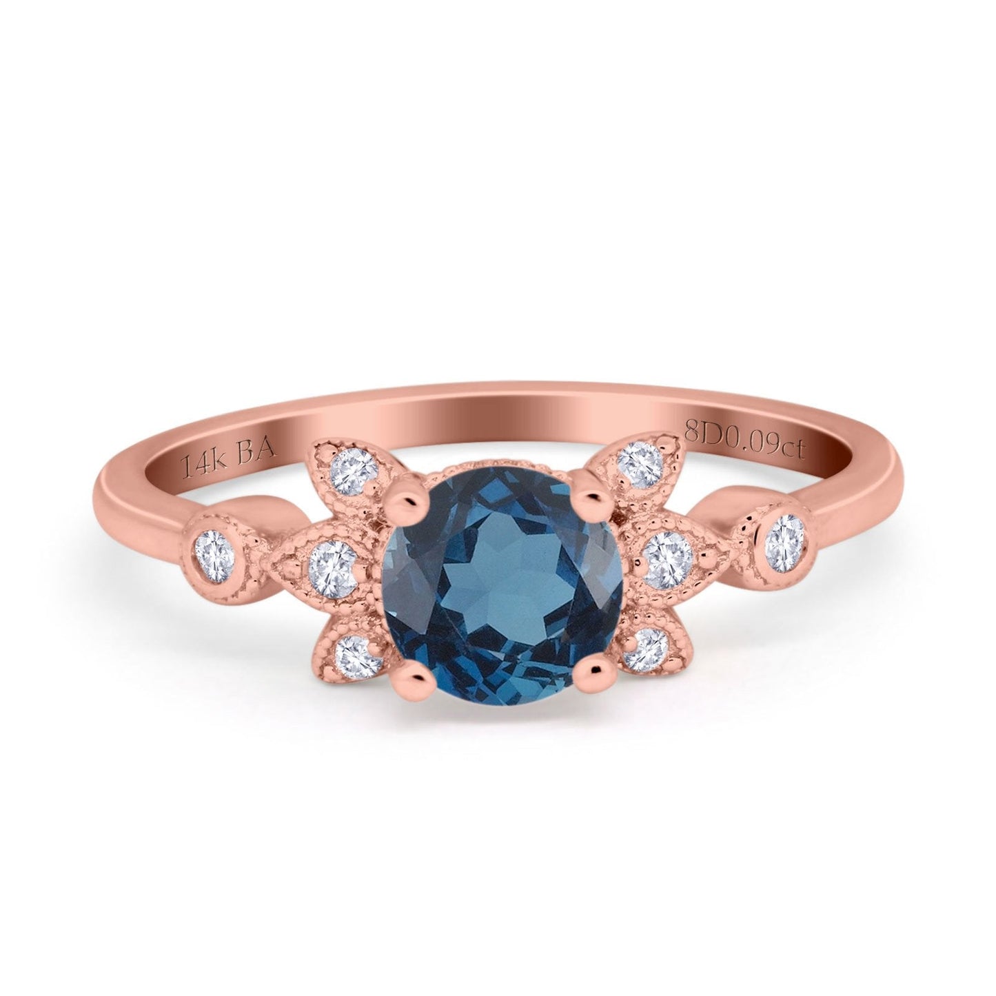 Bague de fiançailles en or rose 14 carats avec topaze bleue de Londres ronde de 7 mm G SI de 1,37 ct et diamant taille 6,5