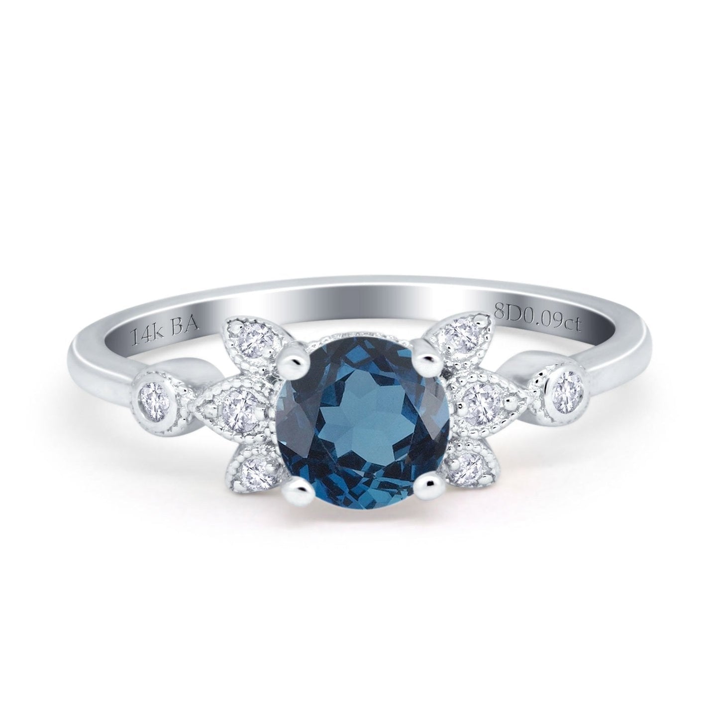 14K White Gold 1.37ct Round 7mm G SI London Blue Topaz Diamond Engagement Wedding Ring Size 6.5