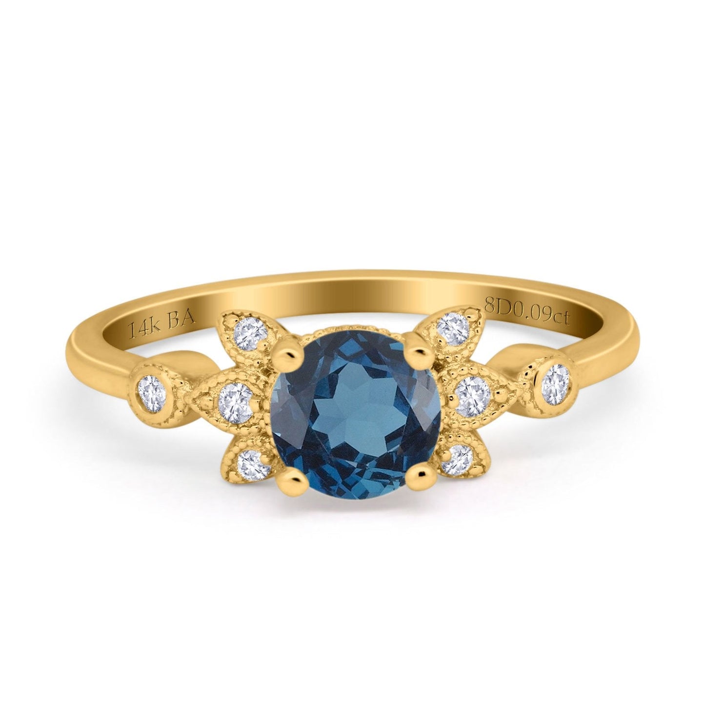 14K Yellow Gold 1.37ct Round 7mm G SI London Blue Topaz Diamond Engagement Wedding Ring Size 6.5