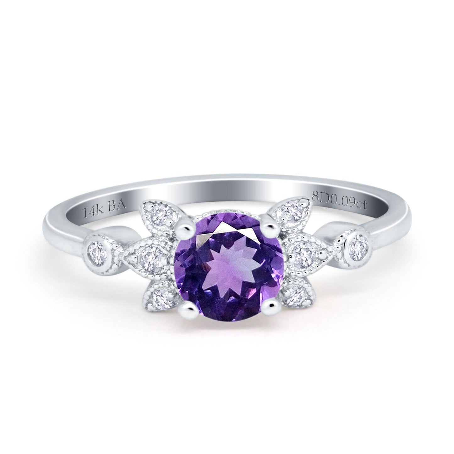 14K White Gold 1.37ct Round 7mm G SI Natural Amethyst Diamond Engagement Wedding Ring Size 6.5