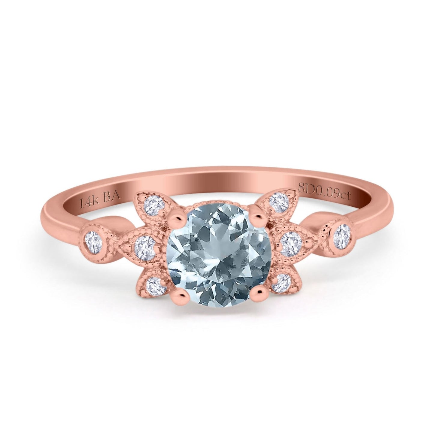 14K Rose Gold 1.37ct Round 7mm G SI Natural Aquamarine Diamond Engagement Wedding Ring Size 6.5