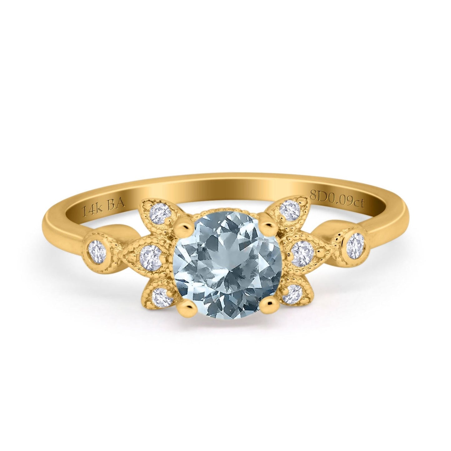 14K Yellow Gold 1.37ct Round 7mm G SI Natural Aquamarine Diamond Engagement Wedding Ring Size 6.5