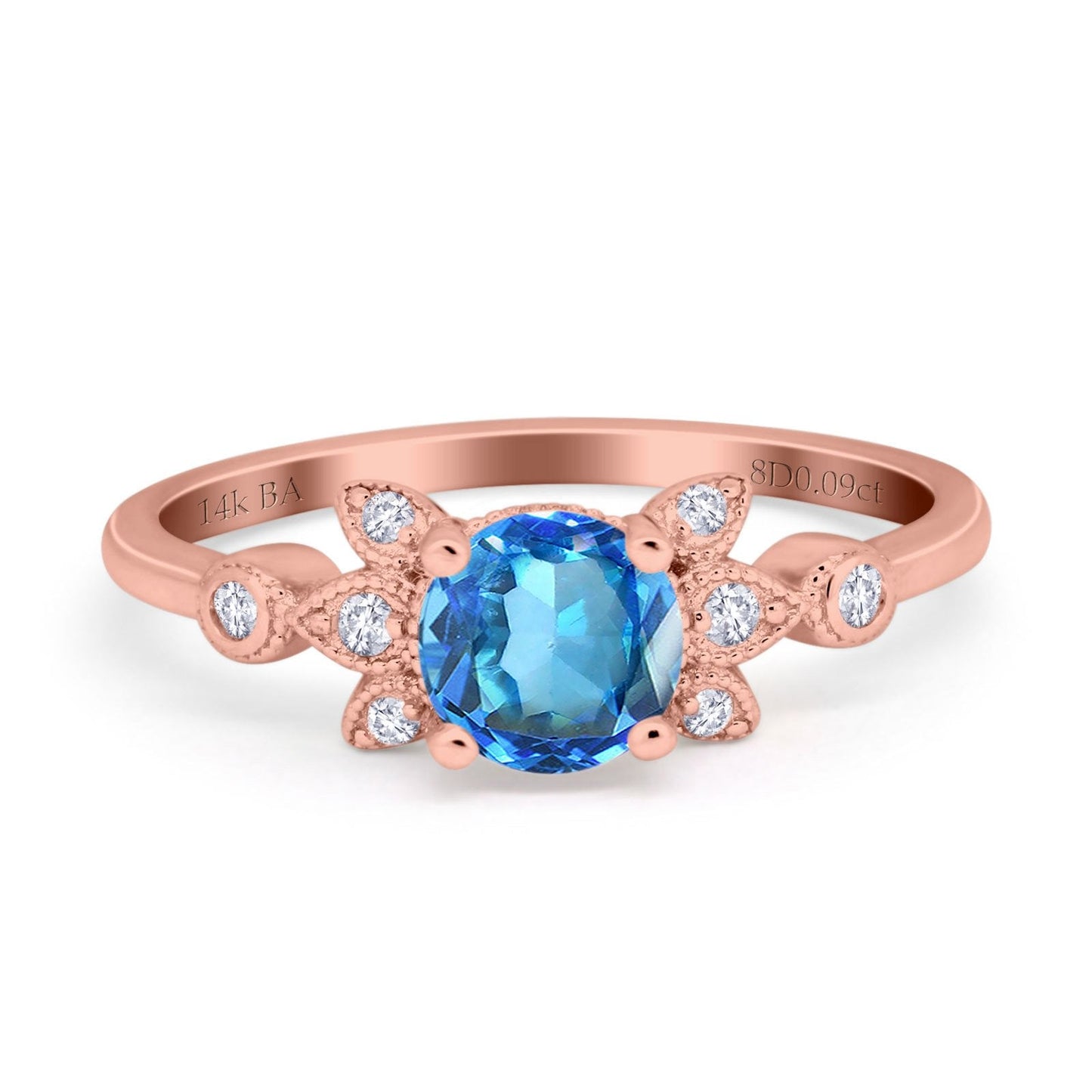 14K Rose Gold 1.37ct Round 7mm G SI Natural Blue Topaz Diamond Engagement Wedding Ring Size 6.5