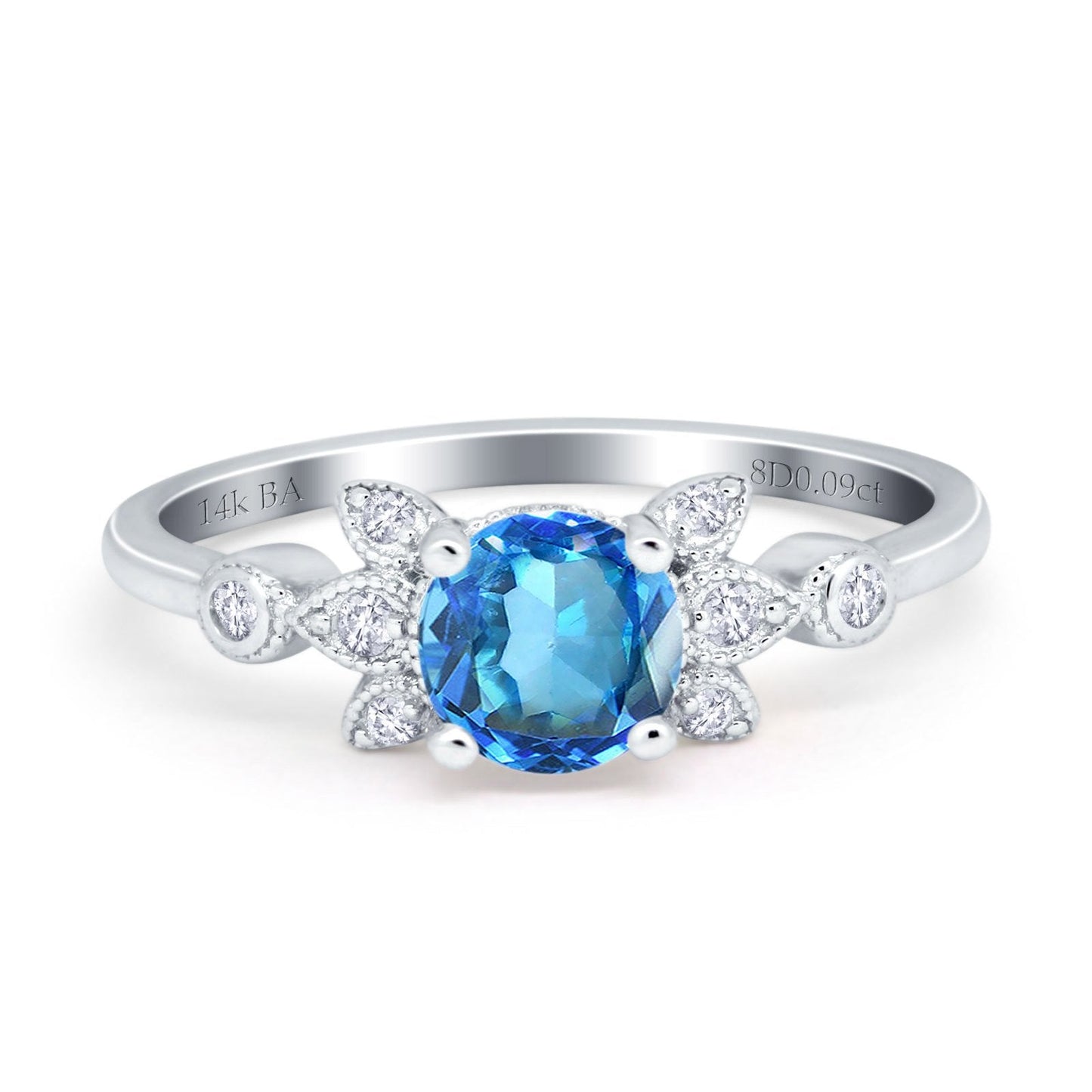 Bague de fiançailles en or blanc 14 carats avec topaze bleue naturelle ronde de 7 mm G SI de 1,37 ct et diamant taille 6,5