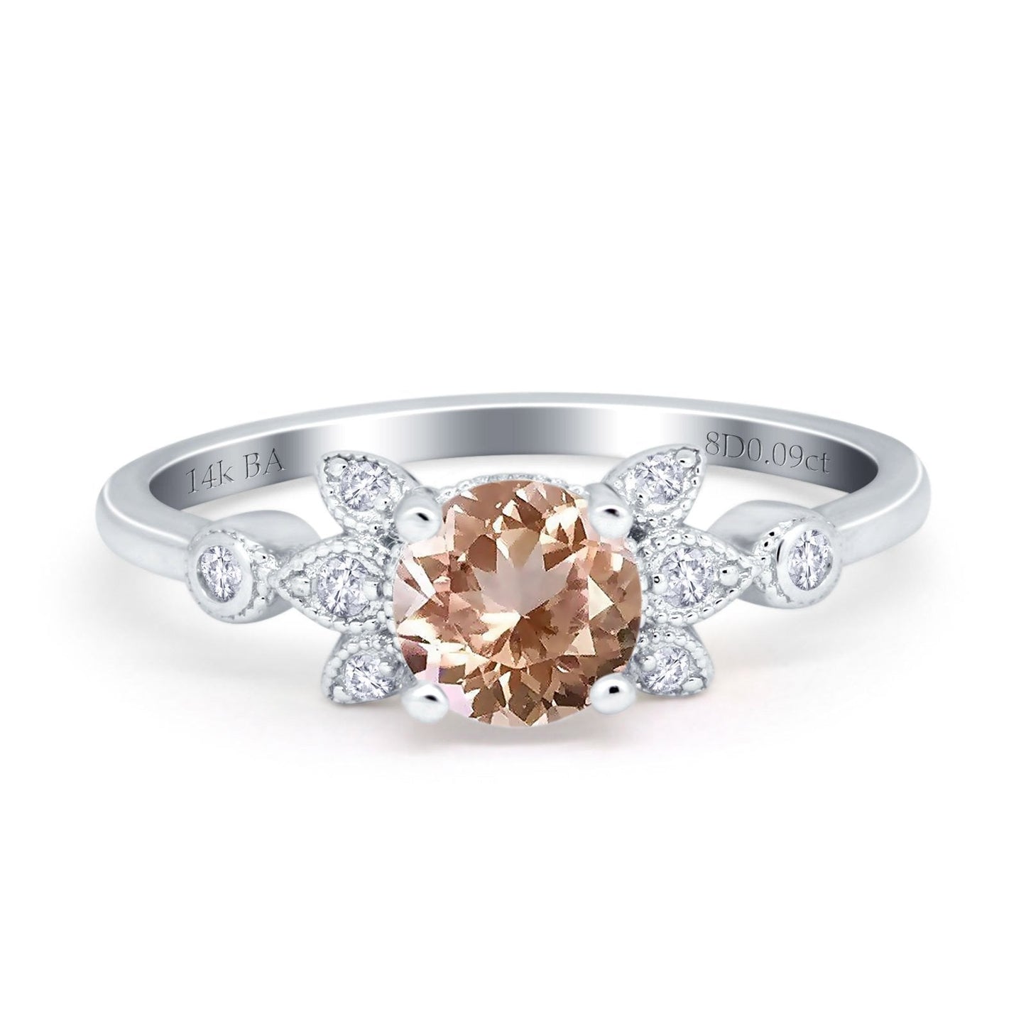 14K White Gold 1.37ct Round 7mm G SI Natural Morganite Diamond Engagement Wedding Ring Size 6.5