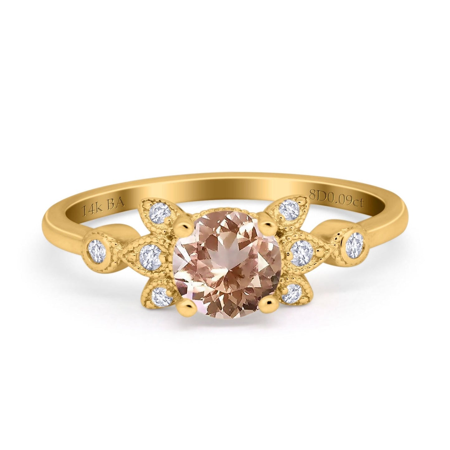 14K Yellow Gold 1.37ct Round 7mm G SI Natural Morganite Diamond Engagement Wedding Ring Size 6.5