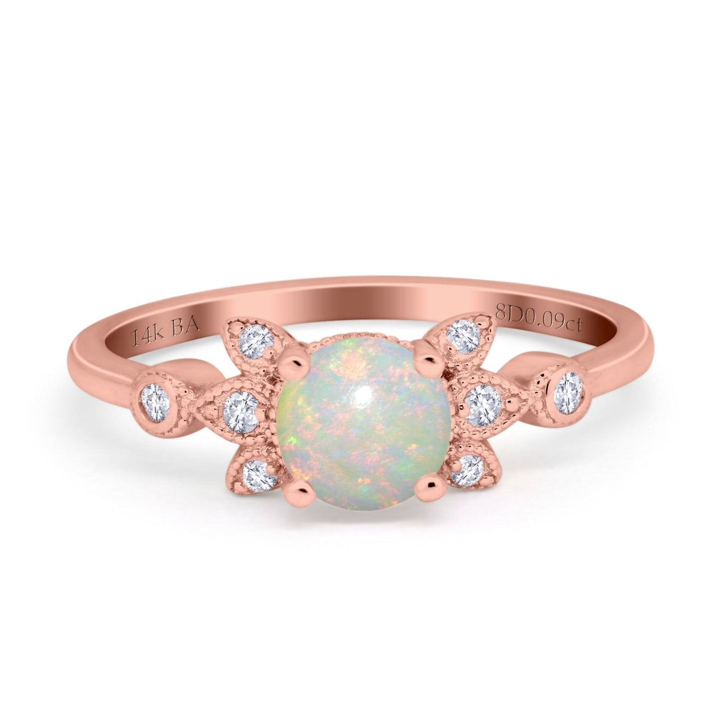 14K Rose Gold 0.09ct Round 7mm G SI Natural White Opal Diamond Engagement Wedding Ring Size 6.5