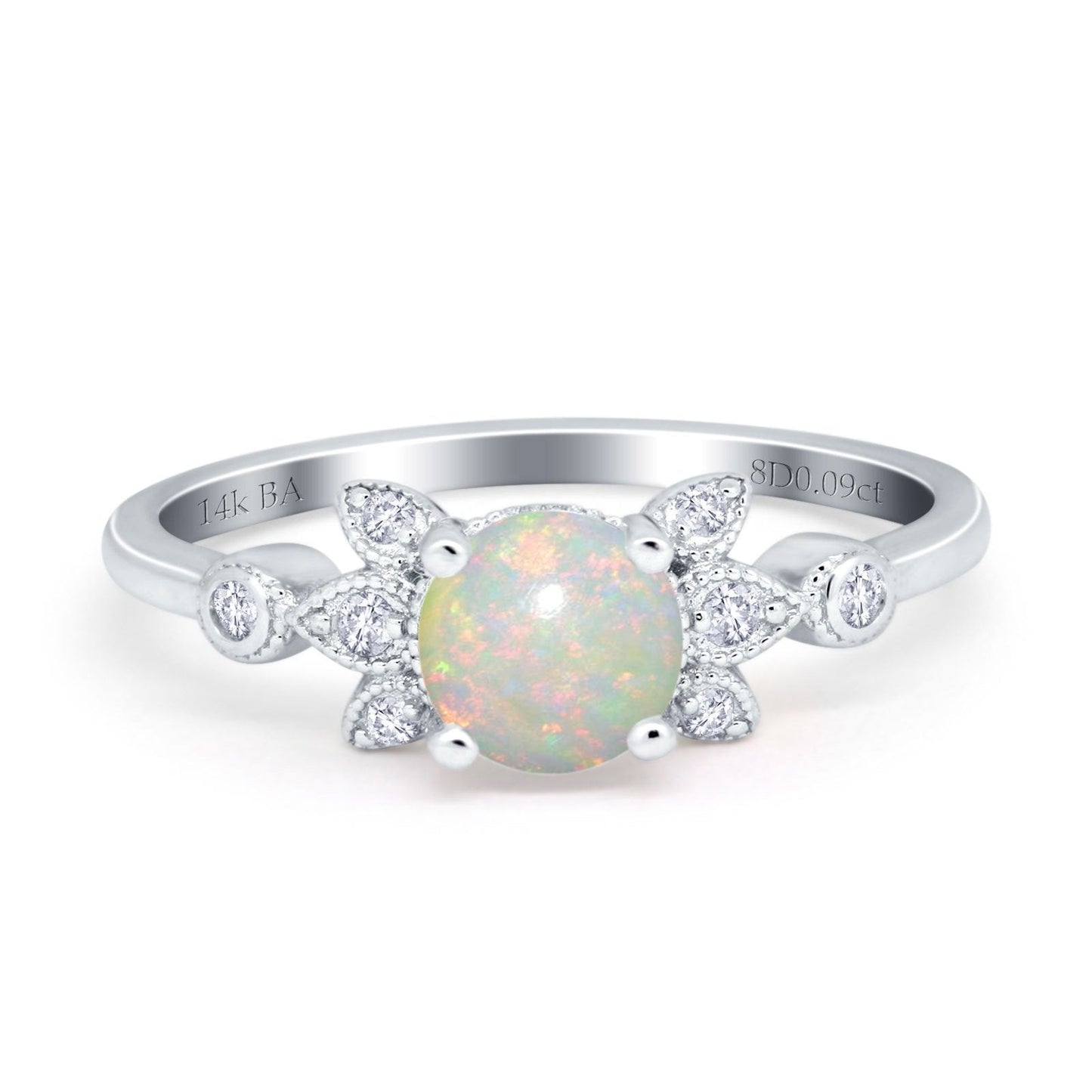 14K White Gold 0.09ct Round 7mm G SI Natural White Opal Diamond Engagement Wedding Ring Size 6.5