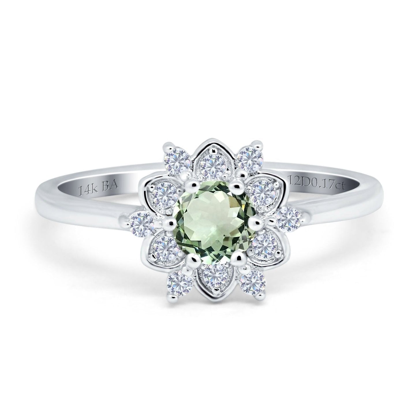 14K White Gold 1.01ct Round 6mm G SI Natural Green Amethyst Diamond Engagement Wedding Ring Size 6.5