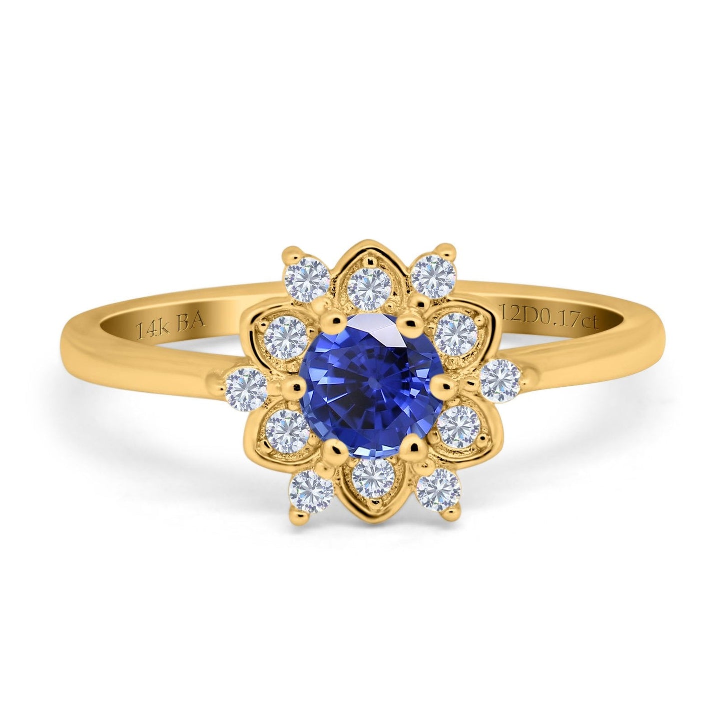 14K Yellow Gold 1.01ct Round 6mm G SI Nano Blue Sapphire Diamond Engagement Wedding Ring Size 6.5