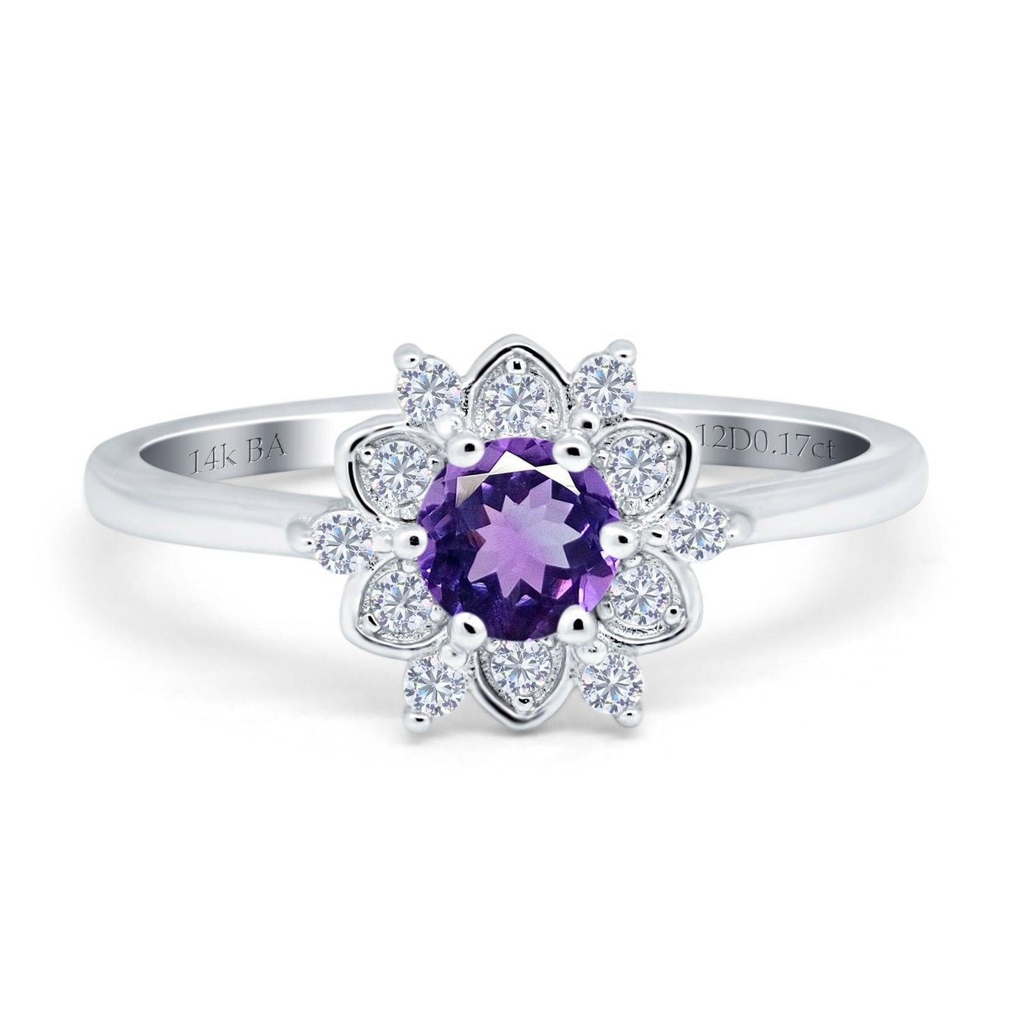 14K White Gold 1.01ct Round 6mm G SI Natural Amethyst Diamond Engagement Wedding Ring Size 6.5