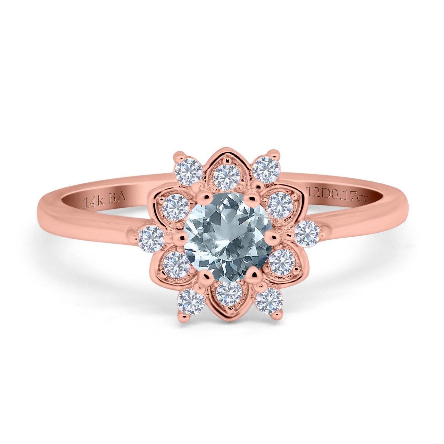 14K Rose Gold 1.01ct Round 6mm G SI Natural Aquamarine Diamond Engagement Wedding Ring Size 6.5