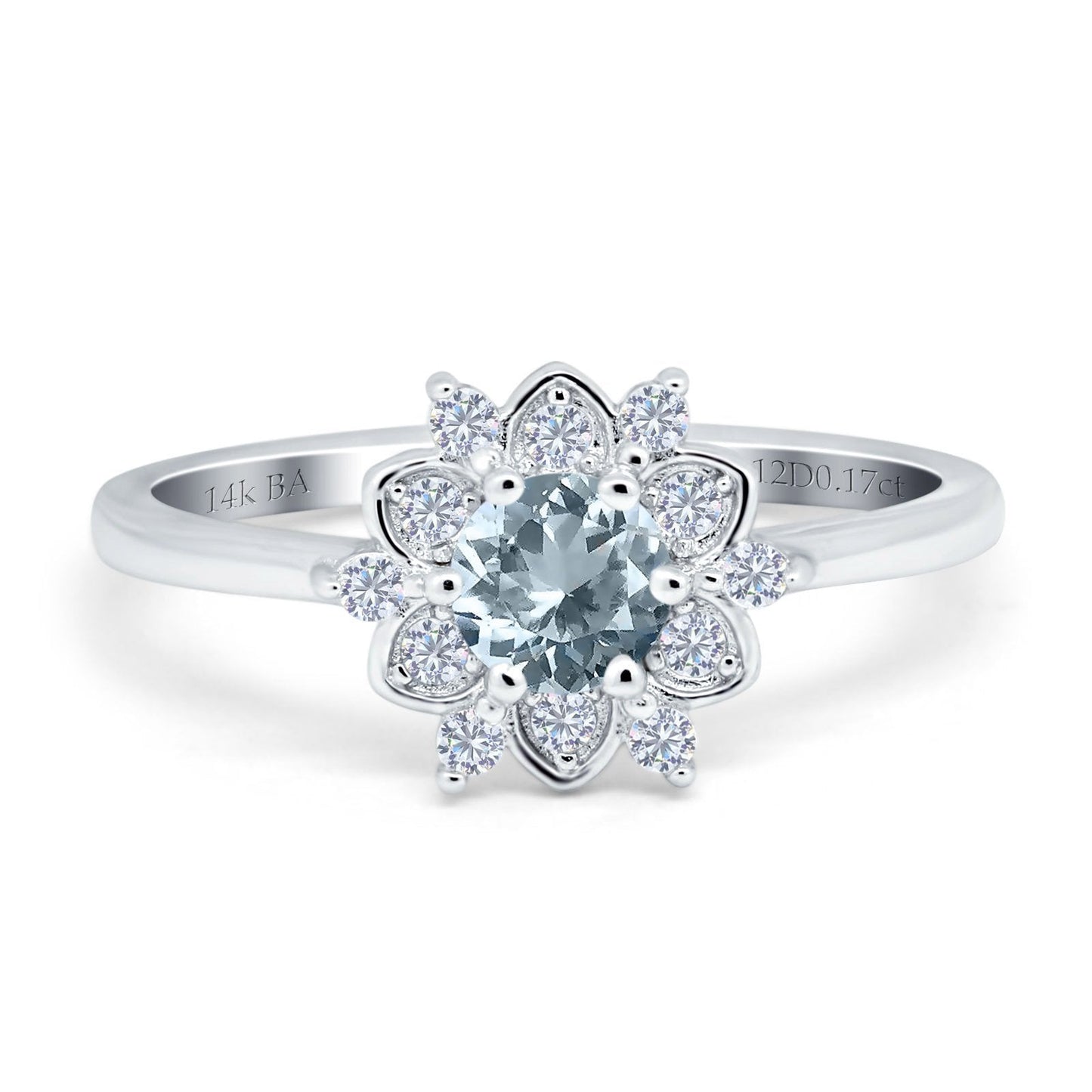 14K White Gold 1.01ct Round 6mm G SI Natural Aquamarine Diamond Engagement Wedding Ring Size 6.5