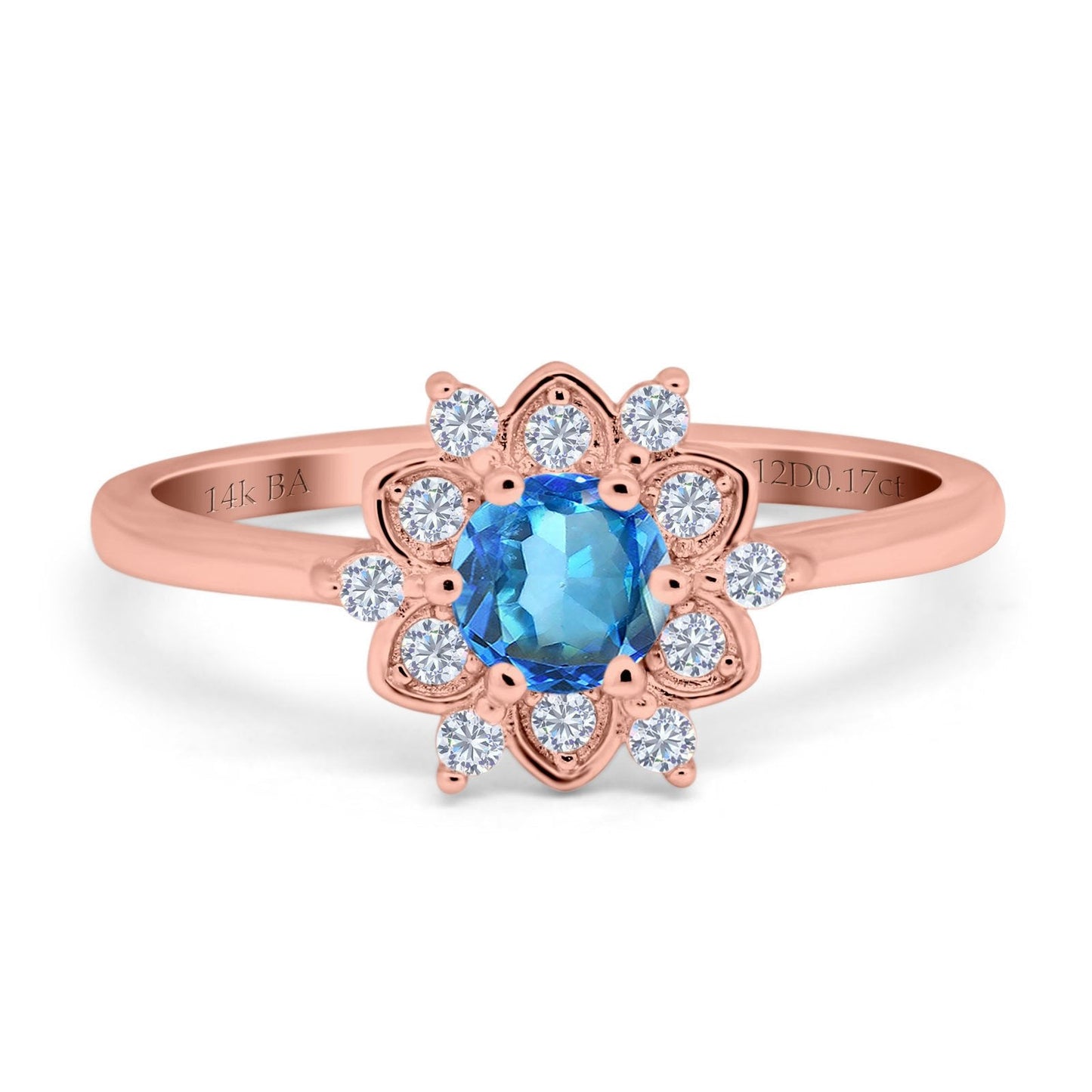 14K Rose Gold 1.01ct Round 6mm G SI Natural Blue Topaz Diamond Engagement Wedding Ring Size 6.5