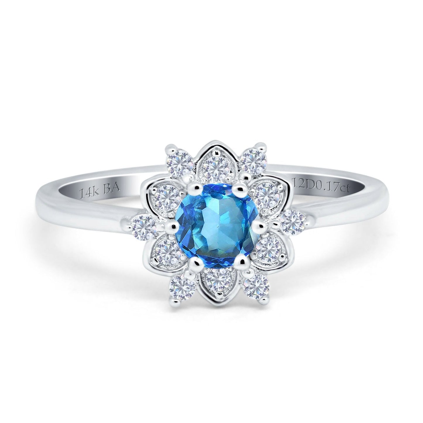 14K White Gold 1.01ct Round 6mm G SI Natural Blue Topaz Diamond Engagement Wedding Ring Size 6.5