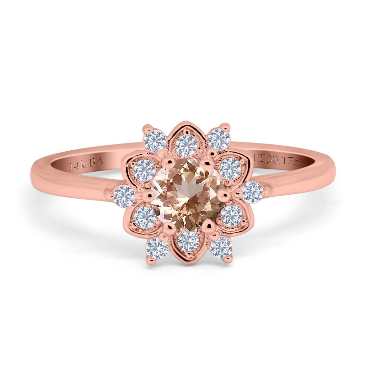 14K Rose Gold 1.01ct Round 6mm G SI Natural Morganite Diamond Engagement Wedding Ring Size 6.5