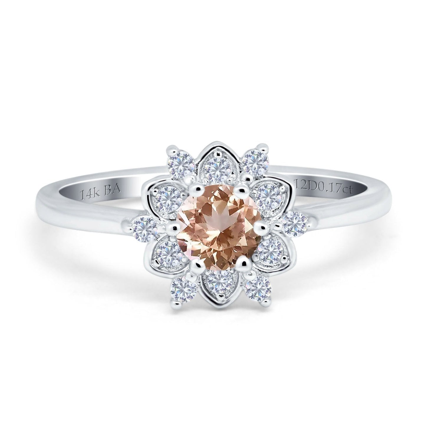 14K White Gold 1.01ct Round 6mm G SI Natural Morganite Diamond Engagement Wedding Ring Size 6.5