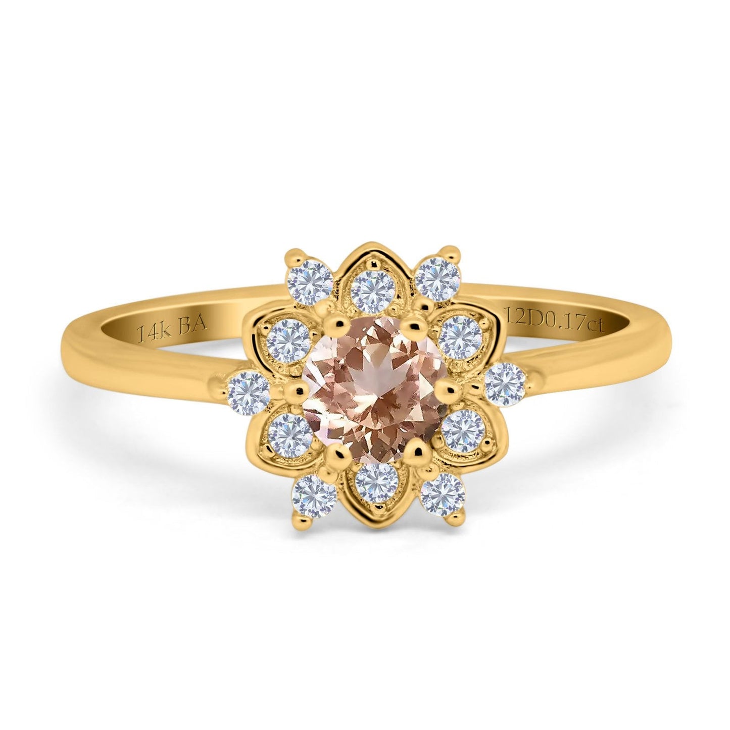 14K Yellow Gold 1.01ct Round 6mm G SI Natural Morganite Diamond Engagement Wedding Ring Size 6.5