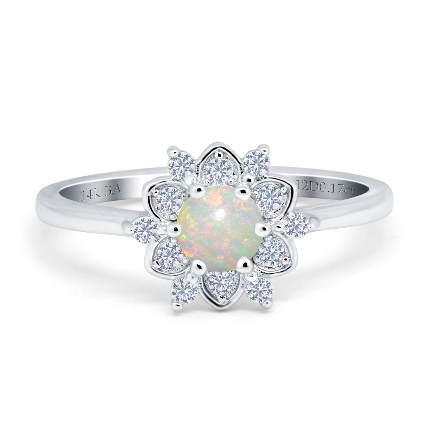 14K White Gold 0.17ct Round 6mm G SI Natural White Opal Diamond Engagement Wedding Ring Size 6.5