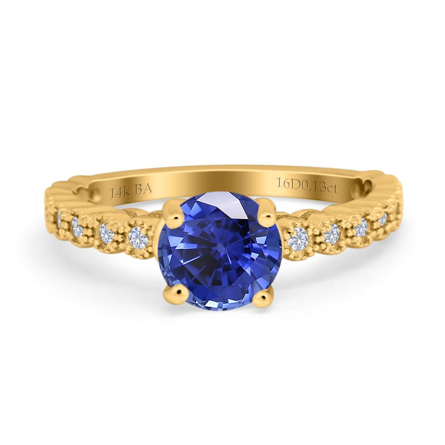 14K Yellow Gold 1.16ct Round 6.5mm G SI Nano Blue Sapphire Diamond Engagement Wedding Ring Size 6.5