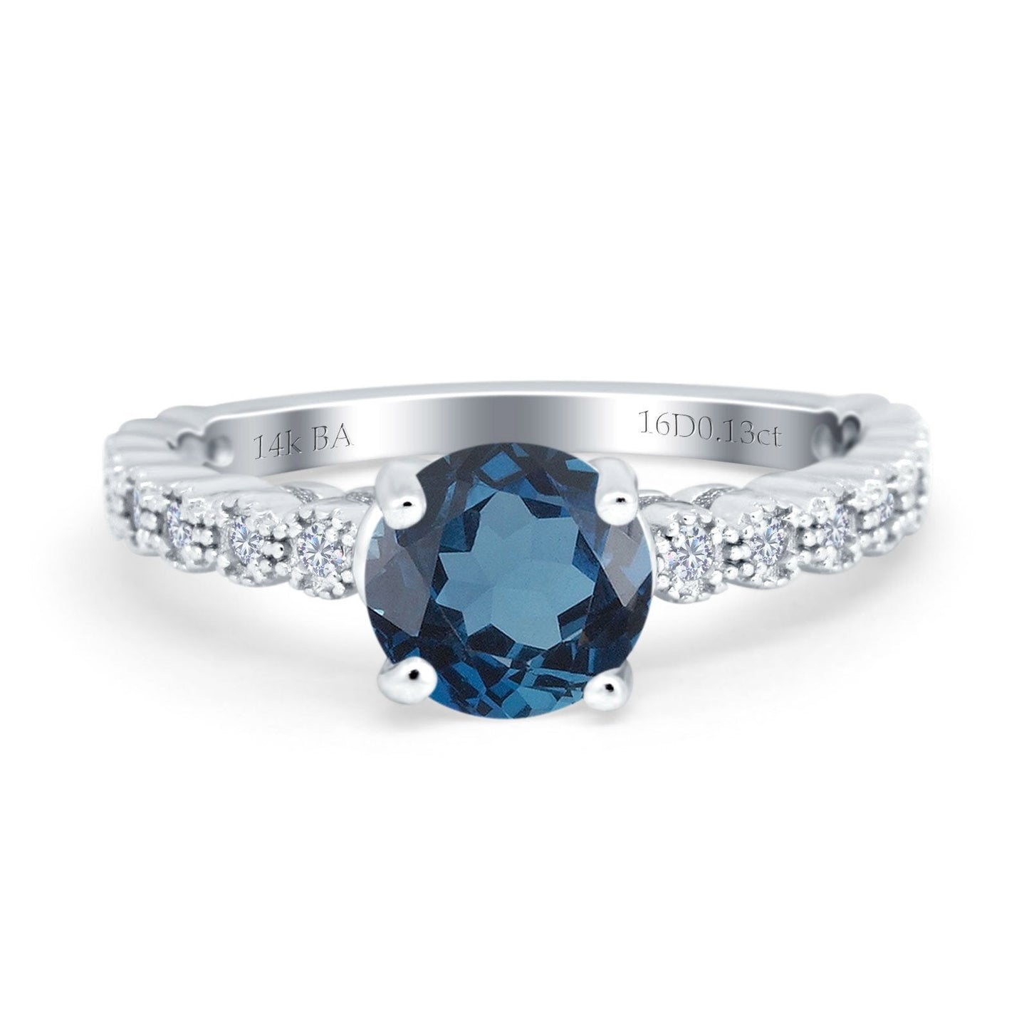 14K White Gold 1.16ct Round 6.5mm G SI London Blue Topaz Diamond Engagement Wedding Ring Size 6.5