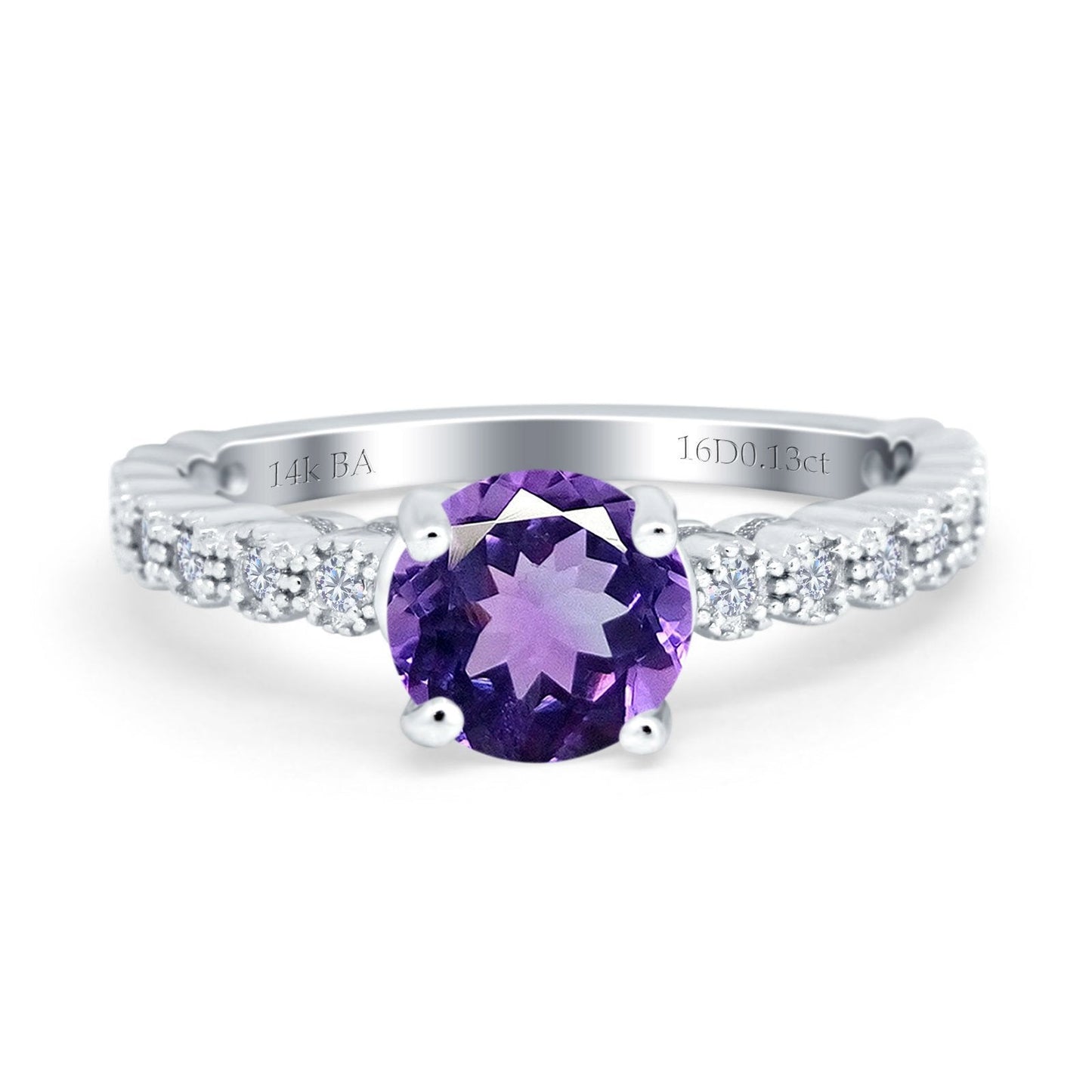 14K White Gold 1.16ct Round 6.5mm G SI Natural Amethyst Diamond Engagement Wedding Ring Size 6.5