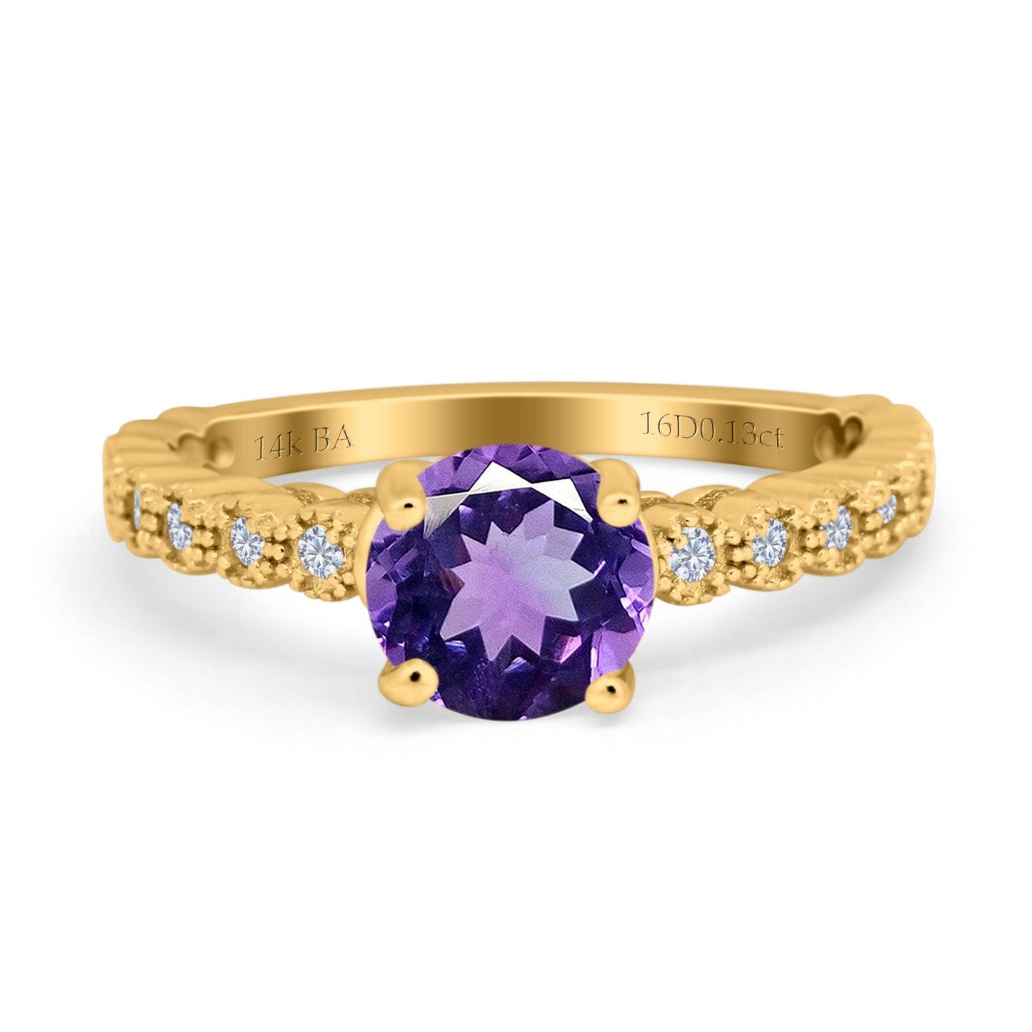 14K Yellow Gold 1.16ct Round 6.5mm G SI Natural Amethyst Diamond Engagement Wedding Ring Size 6.5